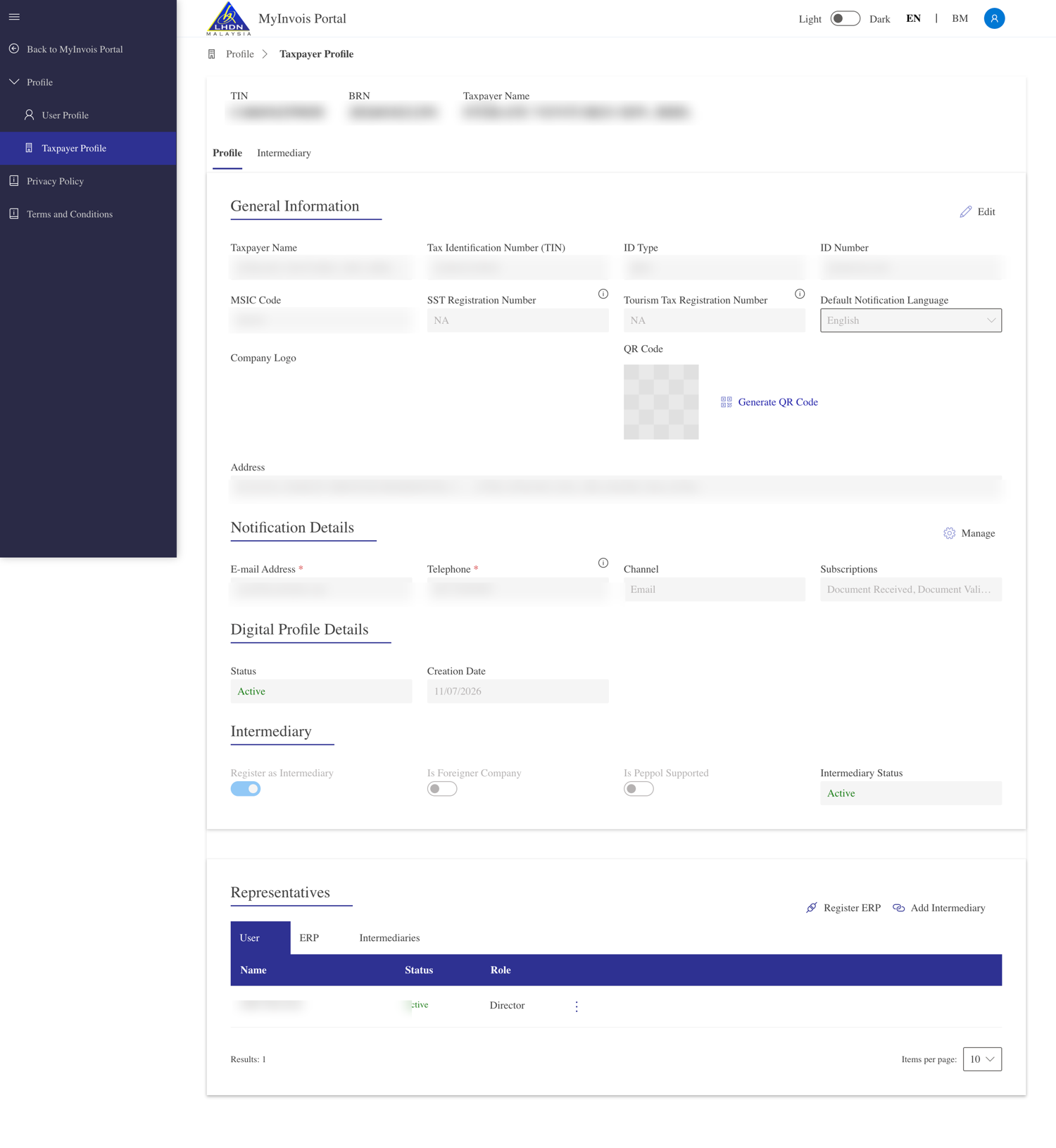 Taxpayer Profile, the Intermediary tab under Representatives