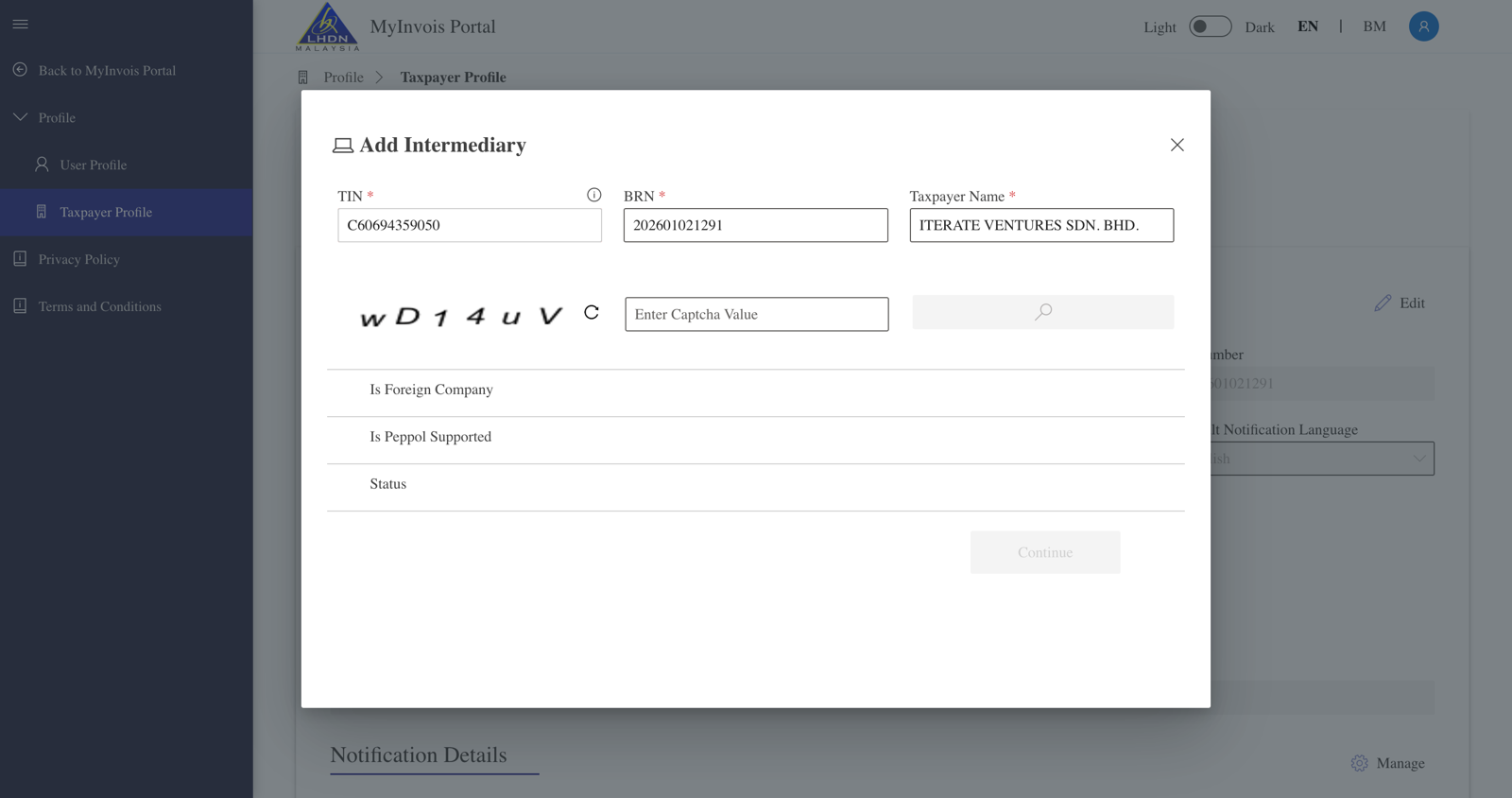 Add Intermediary dialog with the TIN, BRN and registered name entered