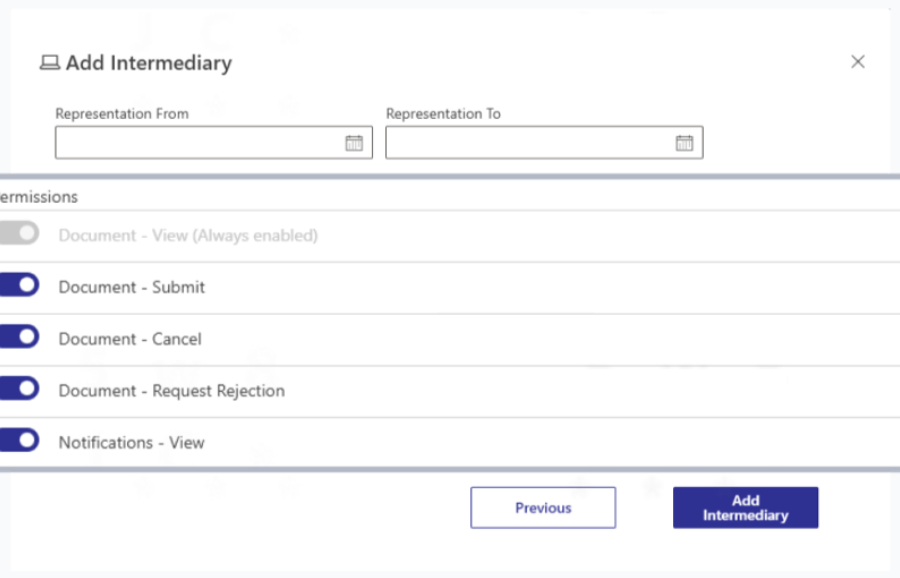 Representation dates set, and all five permission toggles on